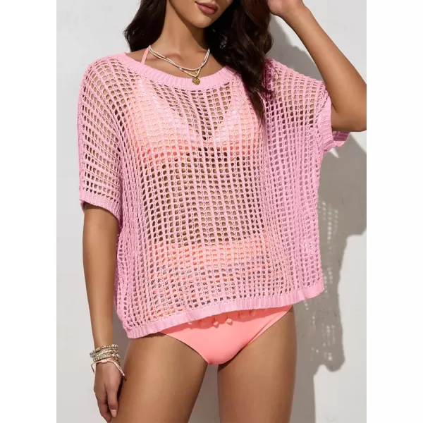 Sidefeel Womens Crochet Tops Short Sleeve Sweater 2024 Fashion Hollow Out Scoop Neck Pullover Knit Tops Cover UpsPink