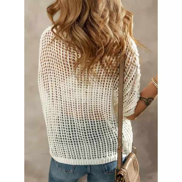 Sidefeel Womens Crochet Tops Short Sleeve Sweater 2024 Fashion Hollow Out Scoop Neck Pullover Knit Tops Cover UpsWhite