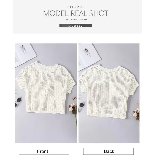 Sidefeel Womens Crochet Tops Short Sleeve Sweater 2024 Fashion Hollow Out Scoop Neck Pullover Knit Tops Cover UpsWhite