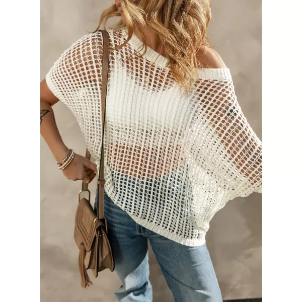 Sidefeel Womens Crochet Tops Short Sleeve Sweater 2024 Fashion Hollow Out Scoop Neck Pullover Knit Tops Cover UpsWhite