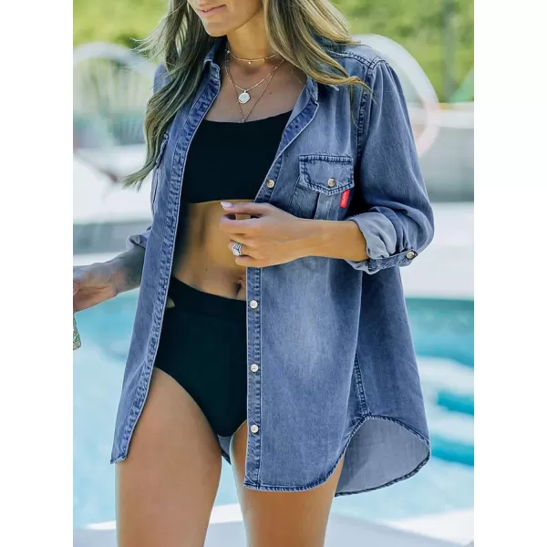 Sidefeel Womens Denim Tops Long Sleeve Shacket Jackets Button Down Collared Jean ShirtAshleigh Blue