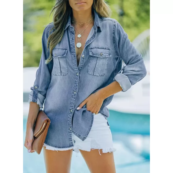 Sidefeel Womens Denim Tops Long Sleeve Shacket Jackets Button Down Collared Jean ShirtBeau Blue