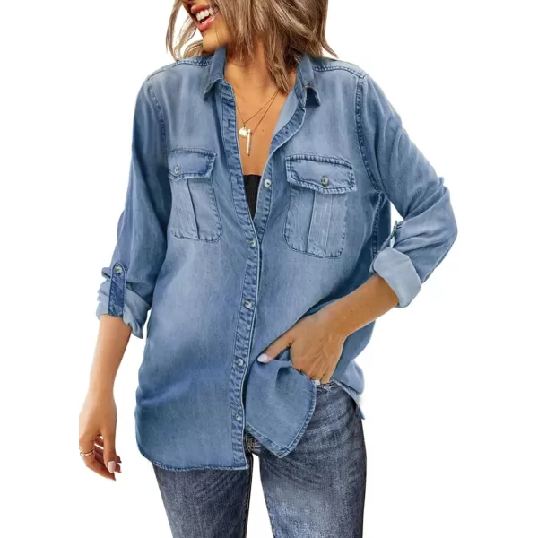 Sidefeel Womens Denim Tops Long Sleeve Shacket Jackets Button Down Collared Jean ShirtBeau Blue