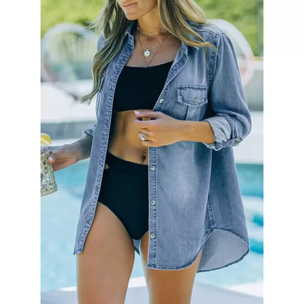 Sidefeel Womens Denim Tops Long Sleeve Shacket Jackets Button Down Collared Jean ShirtBeau Blue