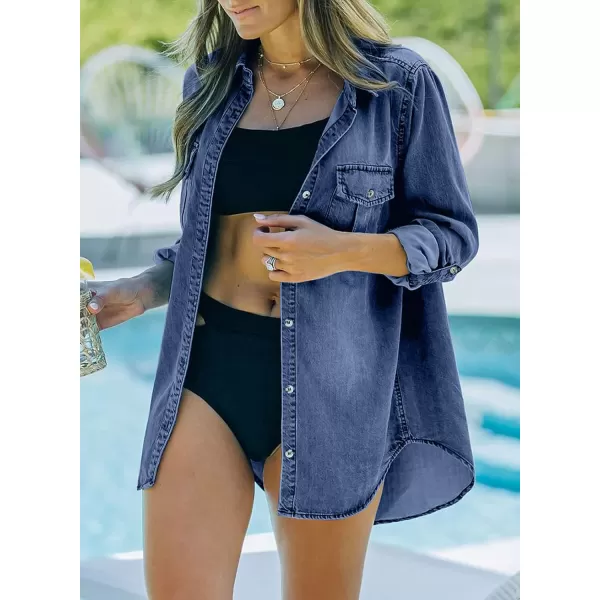 Sidefeel Womens Denim Tops Long Sleeve Shacket Jackets Button Down Collared Jean ShirtBlue