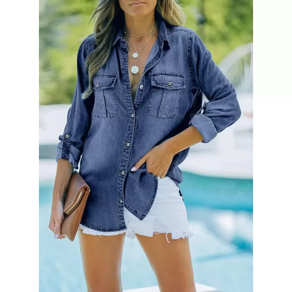Sidefeel Womens Denim Tops Long Sleeve Shacket Jackets Button Down Collared Jean ShirtBlue