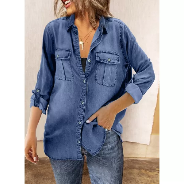 Sidefeel Womens Denim Tops Long Sleeve Shacket Jackets Button Down Collared Jean ShirtBlue