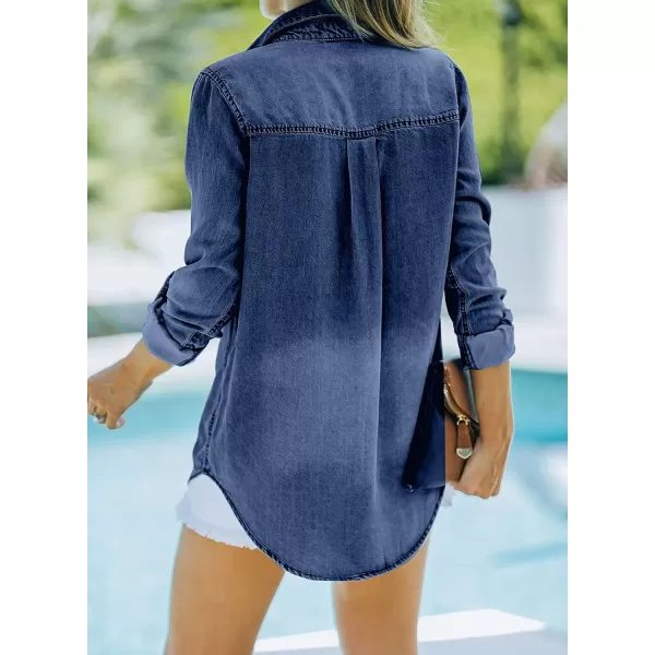 Sidefeel Womens Denim Tops Long Sleeve Shacket Jackets Button Down Collared Jean ShirtBlue