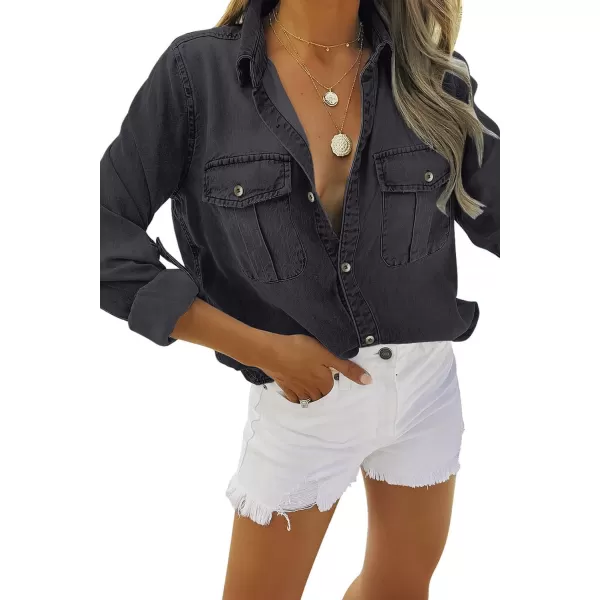 Sidefeel Womens Denim Tops Long Sleeve Shacket Jackets Button Down Collared Jean ShirtDeep Black