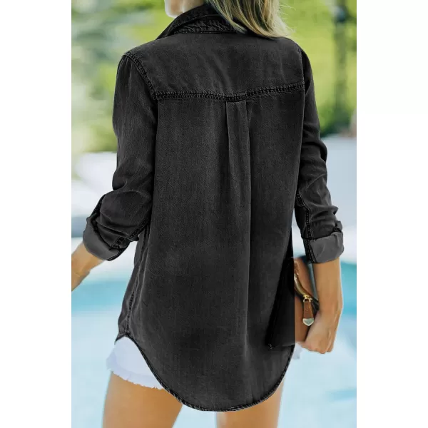 Sidefeel Womens Denim Tops Long Sleeve Shacket Jackets Button Down Collared Jean ShirtDeep Black