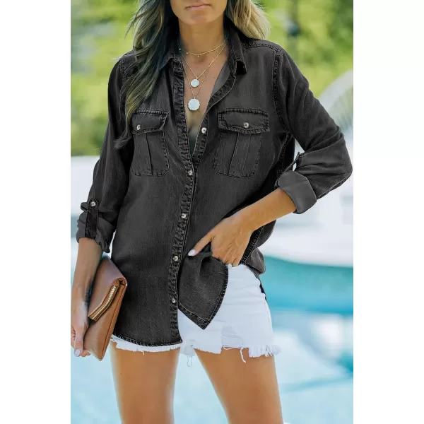 Sidefeel Womens Denim Tops Long Sleeve Shacket Jackets Button Down Collared Jean ShirtDeep Black