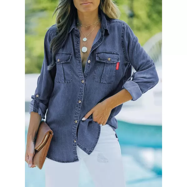 Sidefeel Womens Denim Tops Long Sleeve Shacket Jackets Button Down Collared Jean ShirtNavy Blue