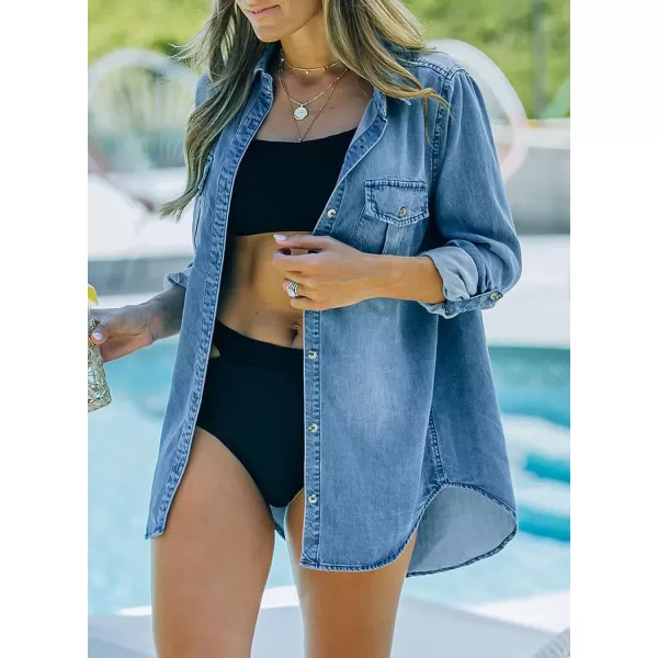 Sidefeel Womens Denim Tops Long Sleeve Shacket Jackets Button Down Collared Jean ShirtSky Blue