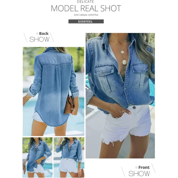 Sidefeel Womens Denim Tops Long Sleeve Shacket Jackets Button Down Collared Jean ShirtSky Blue