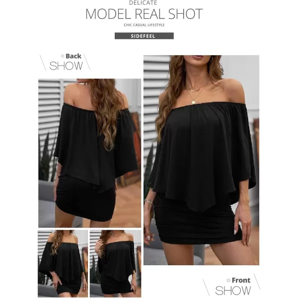 Sidefeel Womens Dresses Off Shoulder Ruffles Night Club Bodycon Mini DressBlack