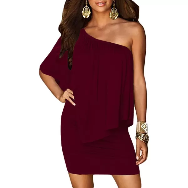 Sidefeel Womens Dresses Off Shoulder Ruffles Night Club Bodycon Mini DressBurgundy