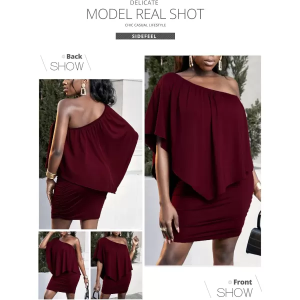 Sidefeel Womens Dresses Off Shoulder Ruffles Night Club Bodycon Mini DressBurgundy