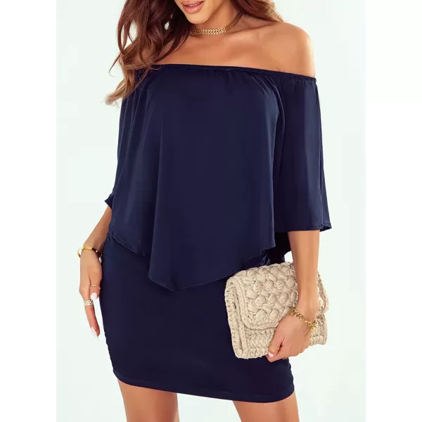 Sidefeel Womens Dresses Off Shoulder Ruffles Night Club Bodycon Mini DressNavy Blue