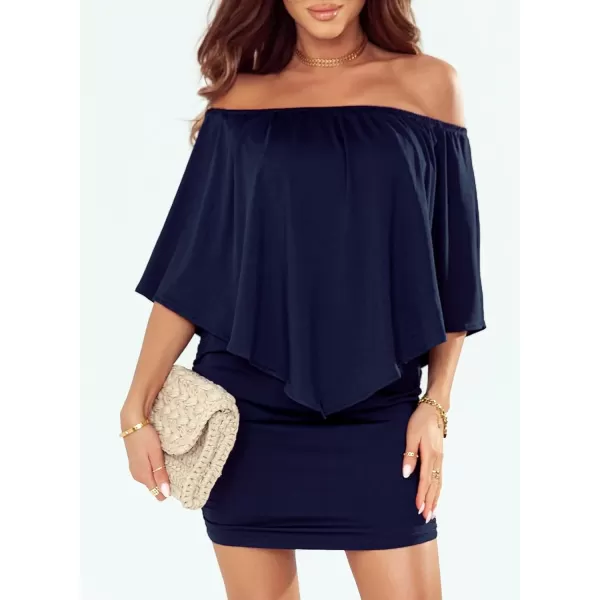 Sidefeel Womens Dresses Off Shoulder Ruffles Night Club Bodycon Mini DressNavy Blue