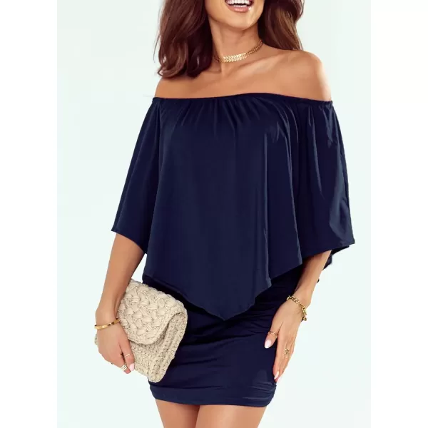 Sidefeel Womens Dresses Off Shoulder Ruffles Night Club Bodycon Mini DressNavy Blue