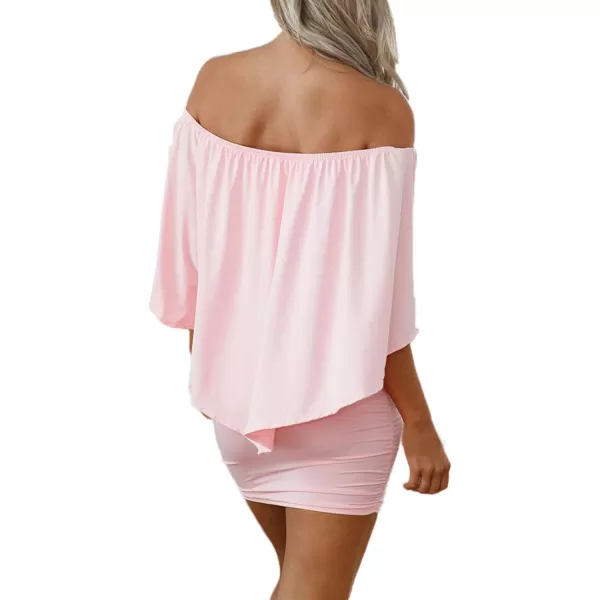 Sidefeel Womens Dresses Off Shoulder Ruffles Night Club Bodycon Mini DressP Pink