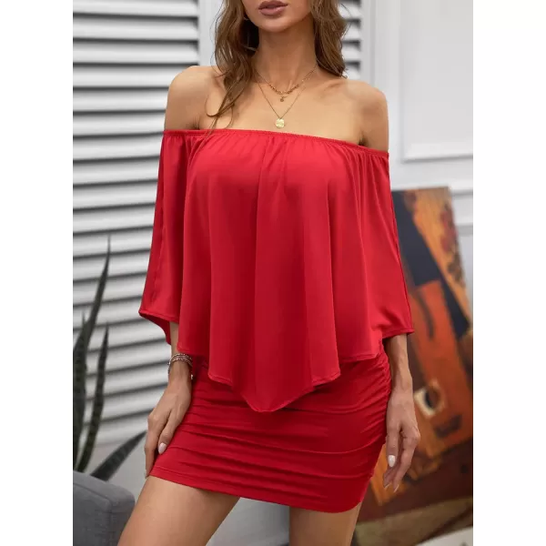 Sidefeel Womens Dresses Off Shoulder Ruffles Night Club Bodycon Mini DressRed