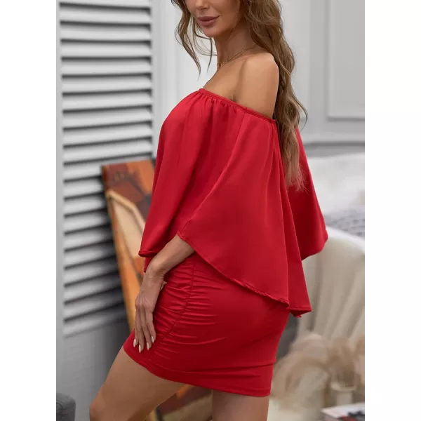 Sidefeel Womens Dresses Off Shoulder Ruffles Night Club Bodycon Mini DressRed