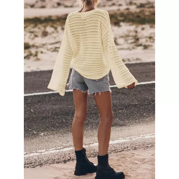 Sidefeel Womens Fall Outfit 2024 Lightweight Sweater Crochet Hollow Out Knit Spring Summer ClothesApricot