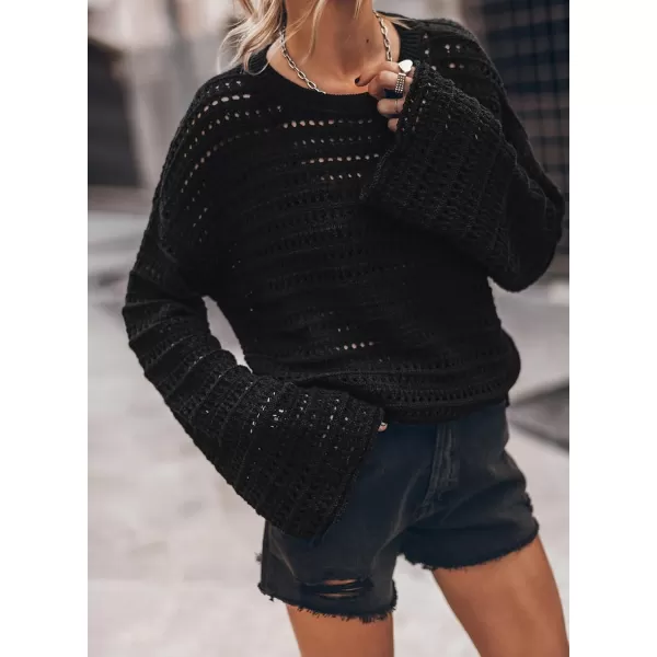 Sidefeel Womens Fall Outfit 2024 Lightweight Sweater Crochet Hollow Out Knit Spring Summer ClothesBlack