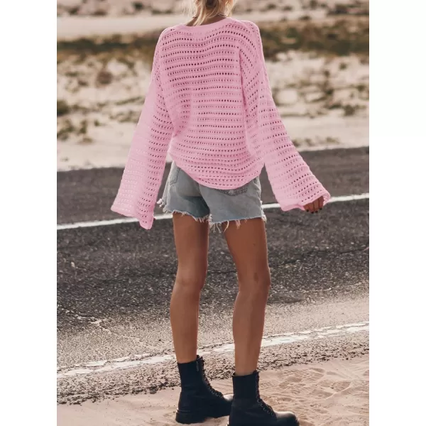 Sidefeel Womens Fall Outfit 2024 Lightweight Sweater Crochet Hollow Out Knit Spring Summer ClothesPink