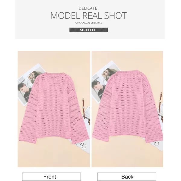 Sidefeel Womens Fall Outfit 2024 Lightweight Sweater Crochet Hollow Out Knit Spring Summer ClothesPink