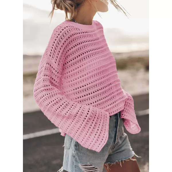 Sidefeel Womens Fall Outfit 2024 Lightweight Sweater Crochet Hollow Out Knit Spring Summer ClothesPink