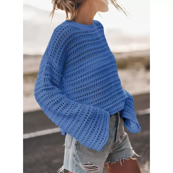 Sidefeel Womens Fall Outfit 2024 Lightweight Sweater Crochet Hollow Out Knit Spring Summer ClothesSky Blue