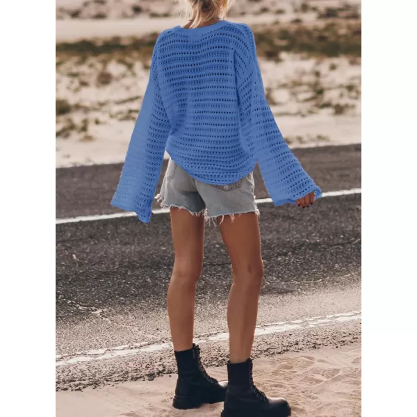 Sidefeel Womens Fall Outfit 2024 Lightweight Sweater Crochet Hollow Out Knit Spring Summer ClothesSky Blue