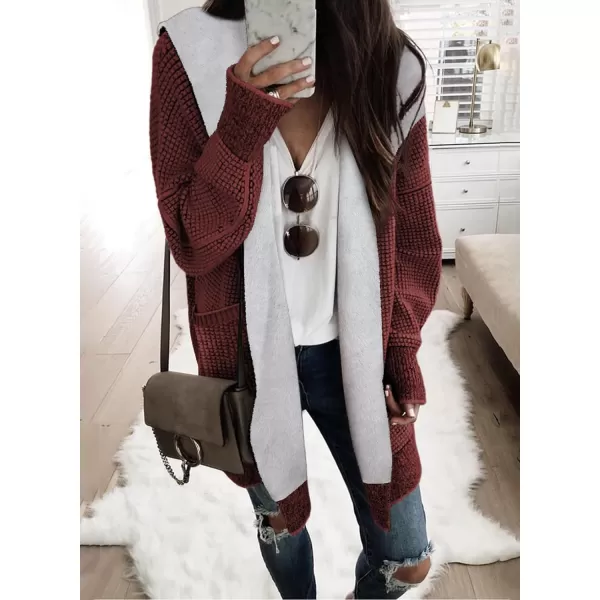 Sidefeel Womens Fleece Lined Hooded Cardigan Oversized Open Front Chunky Knit Plaid Sweater CoatBiking Red