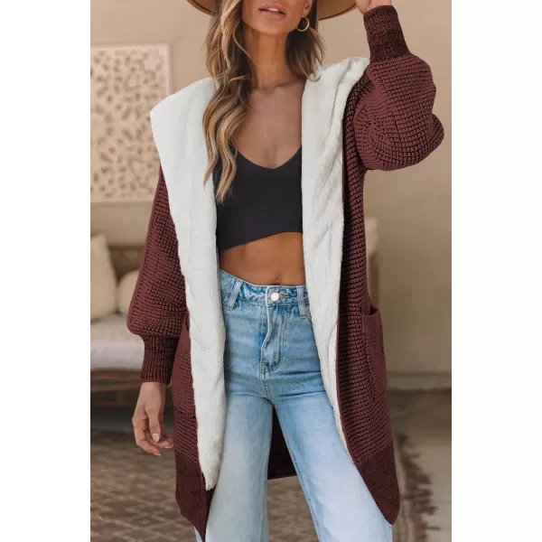 Sidefeel Womens Fleece Lined Hooded Cardigan Oversized Open Front Chunky Knit Plaid Sweater CoatBiking Red