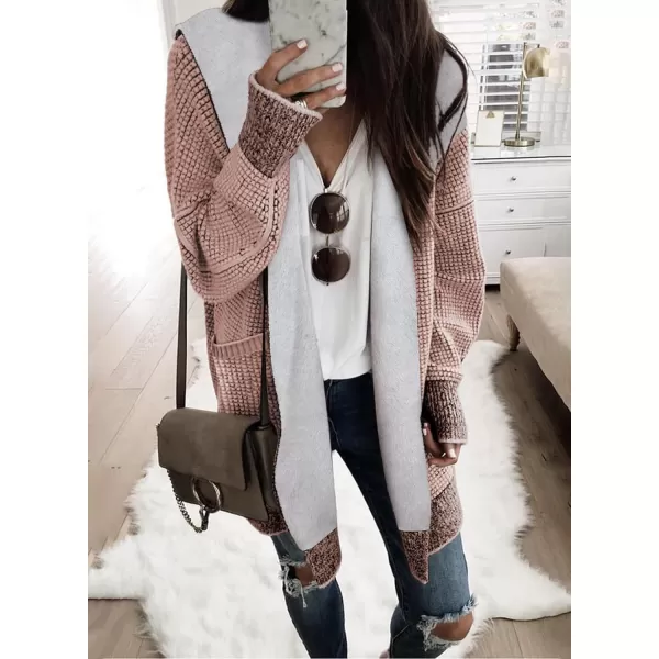 Sidefeel Womens Fleece Lined Hooded Cardigan Oversized Open Front Chunky Knit Plaid Sweater CoatRose Pink