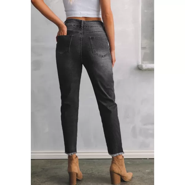 Sidefeel Womens High Waisted Jeans Strechy Raw Hem Straight Leg Denim Pants with PocketsBlack