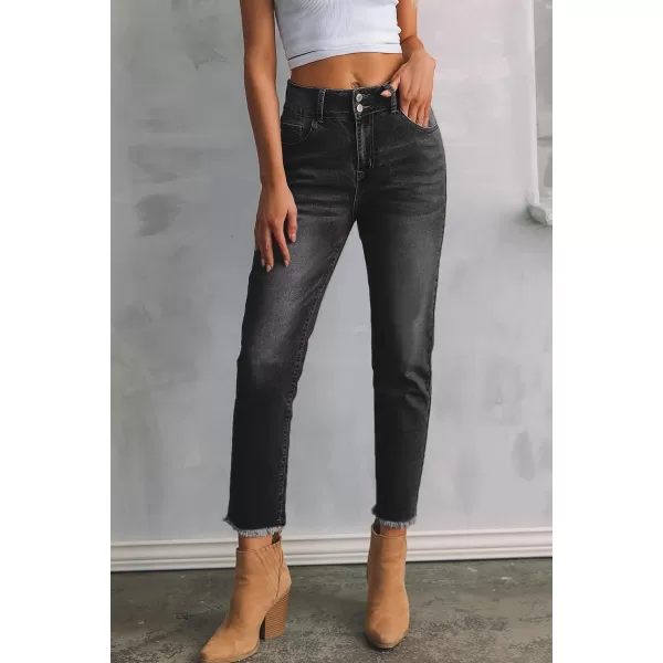 Sidefeel Womens High Waisted Jeans Strechy Raw Hem Straight Leg Denim Pants with PocketsBlack