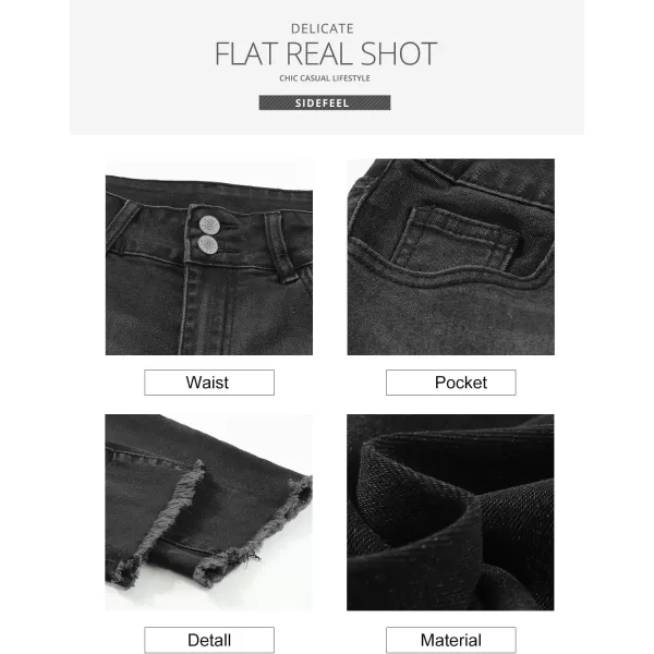 Sidefeel Womens High Waisted Jeans Strechy Raw Hem Straight Leg Denim Pants with PocketsBlack