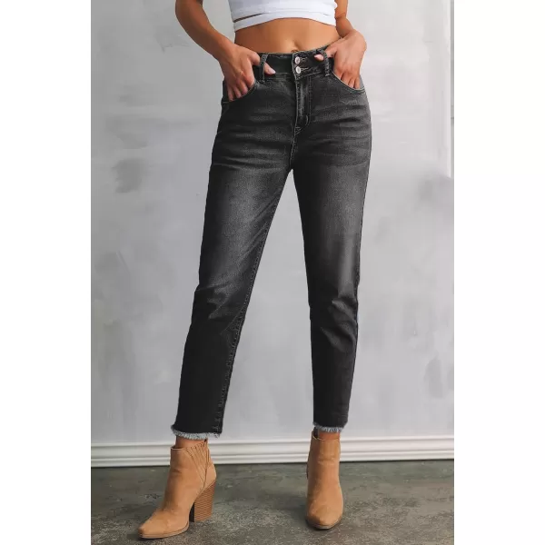 Sidefeel Womens High Waisted Jeans Strechy Raw Hem Straight Leg Denim Pants with PocketsBlack