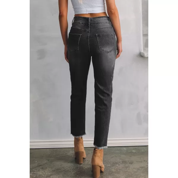 Sidefeel Womens High Waisted Jeans Strechy Raw Hem Straight Leg Denim Pants with PocketsBlack