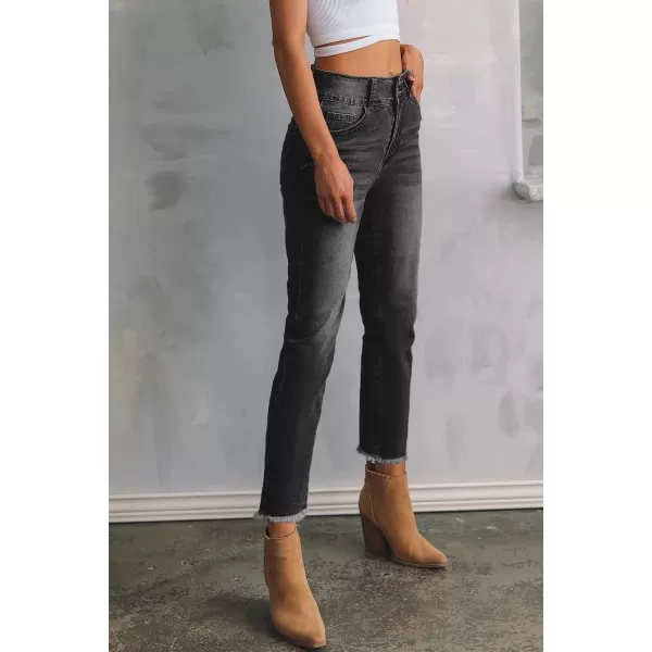 Sidefeel Womens High Waisted Jeans Strechy Raw Hem Straight Leg Denim Pants with PocketsBlack