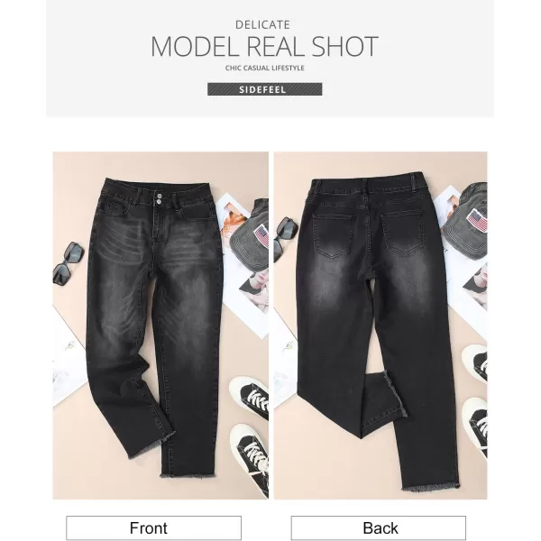 Sidefeel Womens High Waisted Jeans Strechy Raw Hem Straight Leg Denim Pants with PocketsBlack