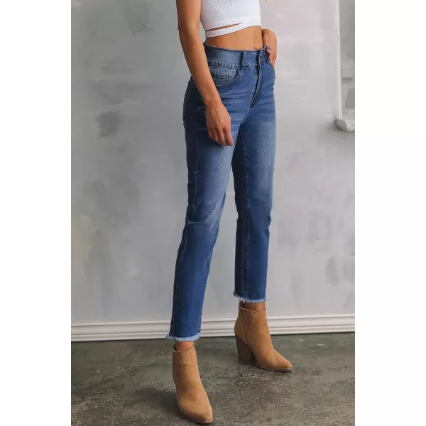 Sidefeel Womens High Waisted Jeans Strechy Raw Hem Straight Leg Denim Pants with PocketsBluing