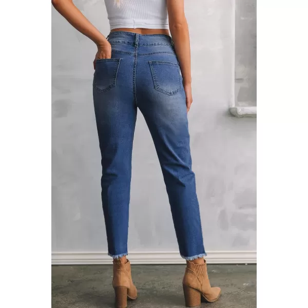 Sidefeel Womens High Waisted Jeans Strechy Raw Hem Straight Leg Denim Pants with PocketsBluing