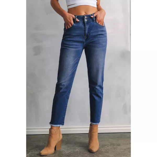 Sidefeel Womens High Waisted Jeans Strechy Raw Hem Straight Leg Denim Pants with PocketsBluing