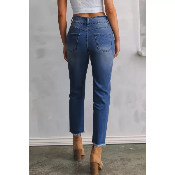 Sidefeel Womens High Waisted Jeans Strechy Raw Hem Straight Leg Denim Pants with PocketsBluing