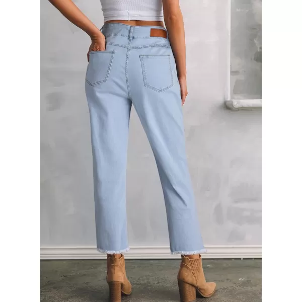 Sidefeel Womens High Waisted Jeans Strechy Raw Hem Straight Leg Denim Pants with PocketsL Light Blue