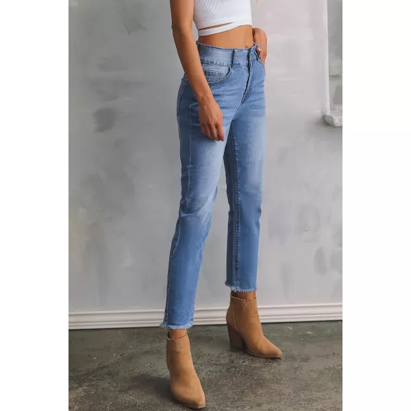 Sidefeel Womens High Waisted Jeans Strechy Raw Hem Straight Leg Denim Pants with PocketsMist Blue